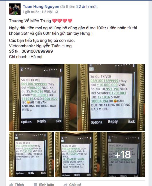 Tuấn Hưng công khai số tiền các mạnh thường quân chuyển khoản.