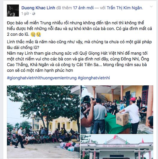 Trên Facebook cá nhân của mình. nhạc sĩ Dương Khắc Linh cũng bày tỏ cảm xúc sau chuyến đi: "Đọc báo về miền Trung nhiều rồi nhưng không đến tận nơi thì không thể hiểu được hết những nỗi đau và sự khó khăn của bà con. Có gia đình mất cả 2 con do lũ. Năm nay Linh tham gia chung sức với Quỹ Giọng Hát Việt Nhí để mang tới một chút niềm vui cho các bà con và gia đình nơi đây, cùng Đông Nhi, Ông Cao Thắng, Khả Ngân và cả công ty".