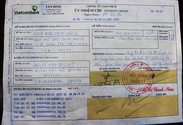 Phiếu gửi tiền 500 triệu đồng của Lý Nhã Kỳ.