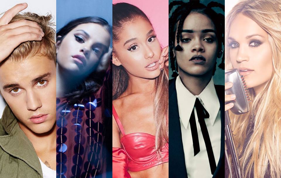 Hạng mục Nghệ sĩ của năm (từ trái sang): Justin Bieber, Selena Gomez, Ariana Grande, Rihanna, Carrie Underwood.