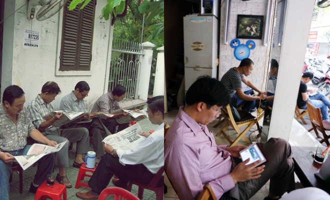 Hình ảnh mỗi ngày một tờ báo, thong thả nhấp từng ngụm cà phê, rồi bàn luận tin tức nay đã không còn là nét đẹp mỗi sáng nữa mà thay vào đó là hàng loạt gương mặt căng thẳng cúi đầu xuống những chiếc điện thoại, máy tỉnh bảng riêng chạm chạm lướt lướt...