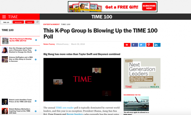 Bài báo của tạp chí Times viết về nhóm nhạc Big Bang khi họ bất ngờ vượt mặt nhiều tên tuổi lớn khác để đứng trong vị tri top 2 bình chọn.