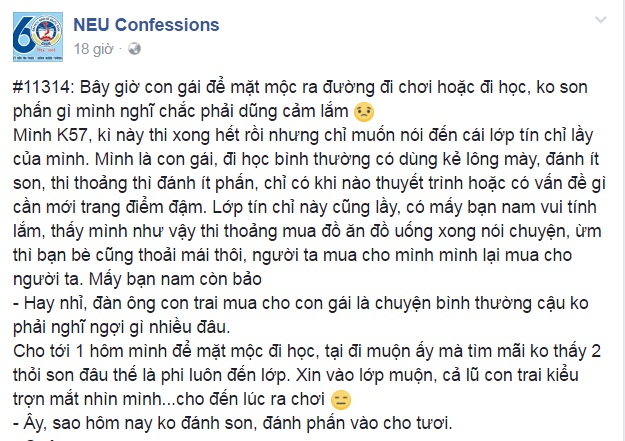 Một nữ sinh chia sẻ trên NEU Confession về câu chuyện bị đám con trai chê cười khi đến lớp không trang điểm