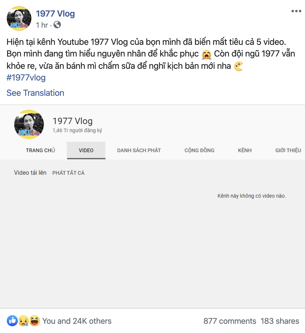 1977 Vlog bị xoá video