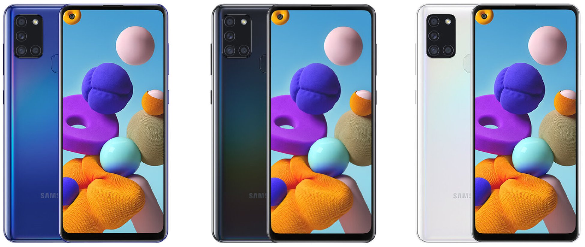 Galaxy A21s sẽ có ba lựa chọn màu sắc gồm đen, xanh và trắng.