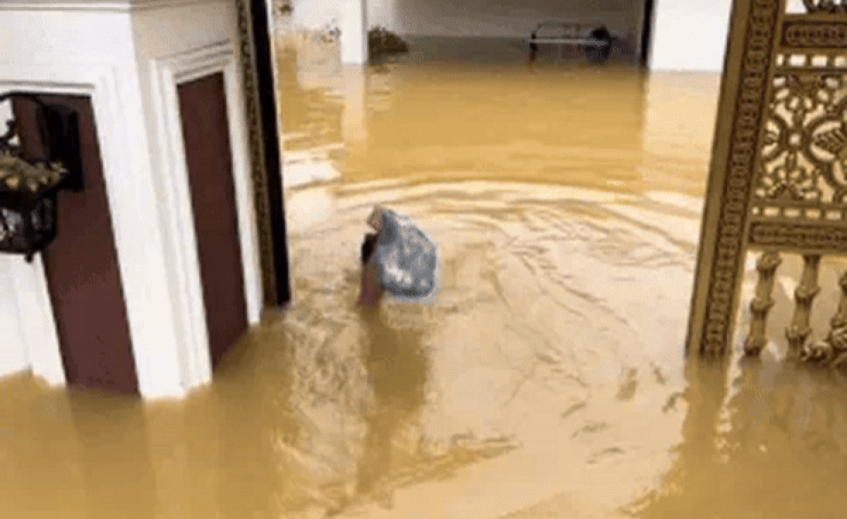 Giữa dòng lũ sâu 3m, nam thanh niên bơi từ biệt thự ra nhận cứu trợ gây tranh cãi với 9 triệu lượt xem Ảnh 2