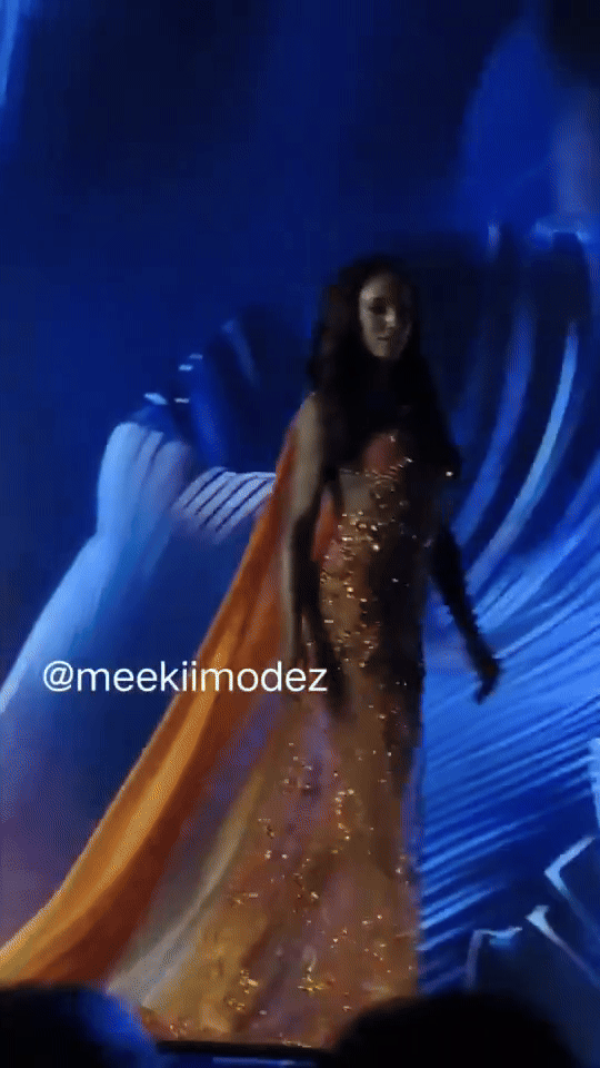 Thí sinh đại diện Jamaica, Gabrielle Henry, đã gặp một tai nạn nghiêm trọng khi trượt khỏi mép sân khấu trong phần trình diễn dạ hội. (Nguồn: meekiimodez)