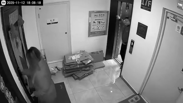 Kẻ lạ mặt đứng ở cửa thang máy nhìn cô gái với đầy vẻ hả hê