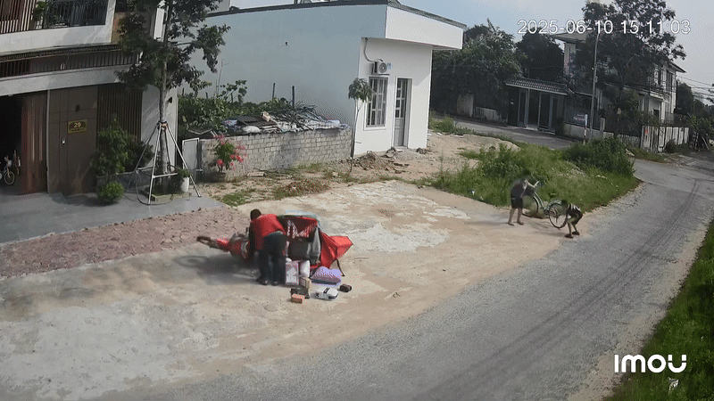 2 cậu bé nhanh chóng dựng xe đạp rồi chạy đến giúp đỡ nam shipper. Ảnh cắt từ clip