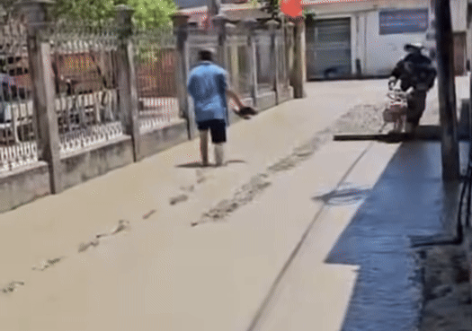 Người đàn ông thản nhiên đi trên đoạn đường bê tông vừa đổ khiến dân mạng tranh cãi. 