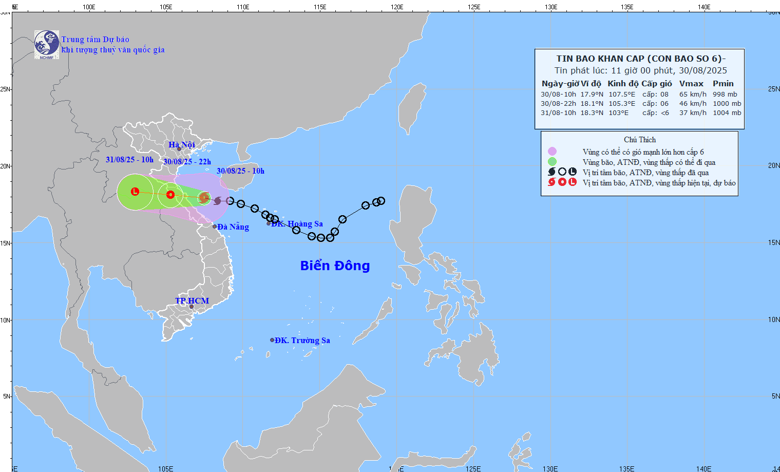 Đường đi của bão số 6. Ảnh: Trung tâm Dự báo Khí tượng Thuỷ văn Quốc gia