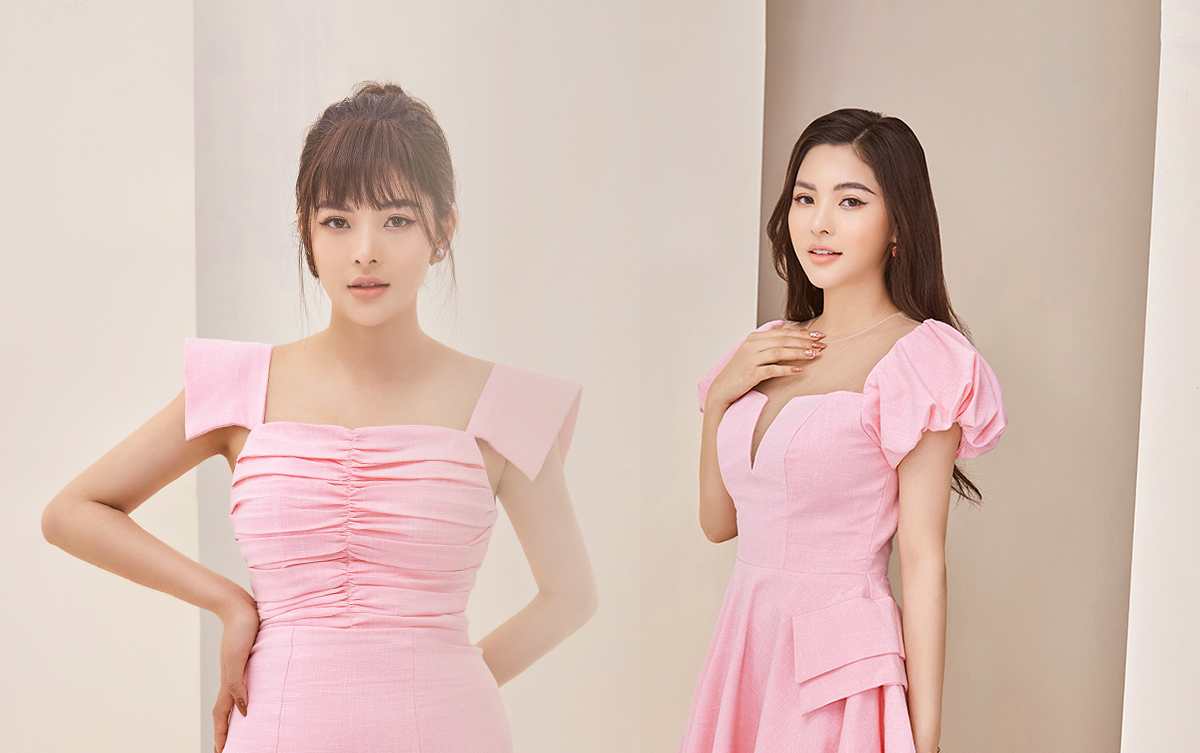 Đầm xòe tiểu thư đẹp ngực đơm bông xinh xắn màu hồng dễ thương