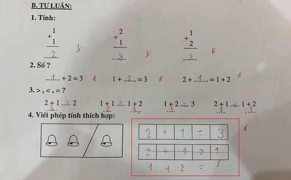 Học trò viết phép tính '2 + 1 > 1' bị giáo viên chấm sai và gạch bỏ khiến dân mạng tranh cãi trái chiều Ảnh 1