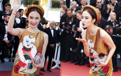 Angela Phương Trinh đã từng có 8 giây 'hào quang rực rỡ' khi mang tranh Đông Hồ lên thảm đỏ Cannes