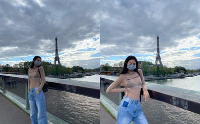 Jennie Black Pink mặc áo xuyên thấu chất lừ, tạo dáng trước tháp Eiffel