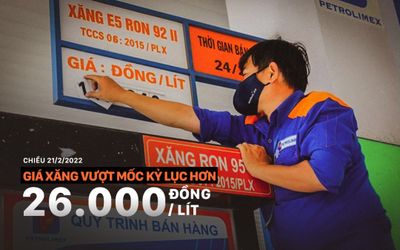 Giá xăng tăng mức cao nhất trong lịch sử, vượt mốc 26.000 đồng/lít