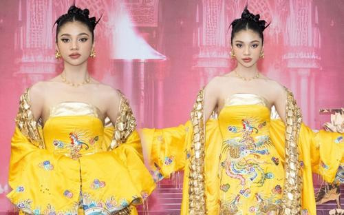 Minh Kiên diện đồ như 'hoàng hậu' đến dự National Costume của Miss Grand 2023