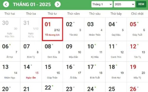 Lịch nghỉ tết dương lịch 2025 của công chức và người lao động