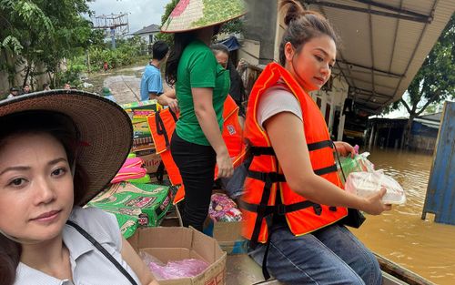 NSƯT Kiều Anh đội nón lá, mặc áo phao hỗ trợ bà con Thái Nguyên bị lũ lụt chia cắt