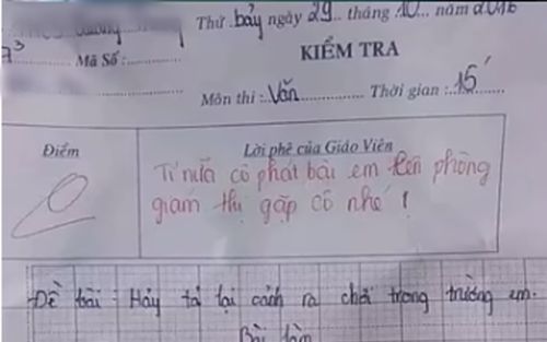 Bài văn tả giờ ra chơi bị chấm 0 điểm, cô giáo còn hẹn học trò lên phòng giám thị gặp riêng
