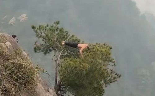 Người đàn ông có hành động 'gây sốc' trên ngọn cây ở vách núi, ai xem cũng 'rùng mình'