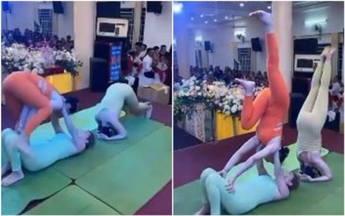 Góc khó hiểu: 3 cô gái mặc đồ bó sát biểu diễn yoga góp vui ở đám cưới, quan khách phản ứng gây chú ý