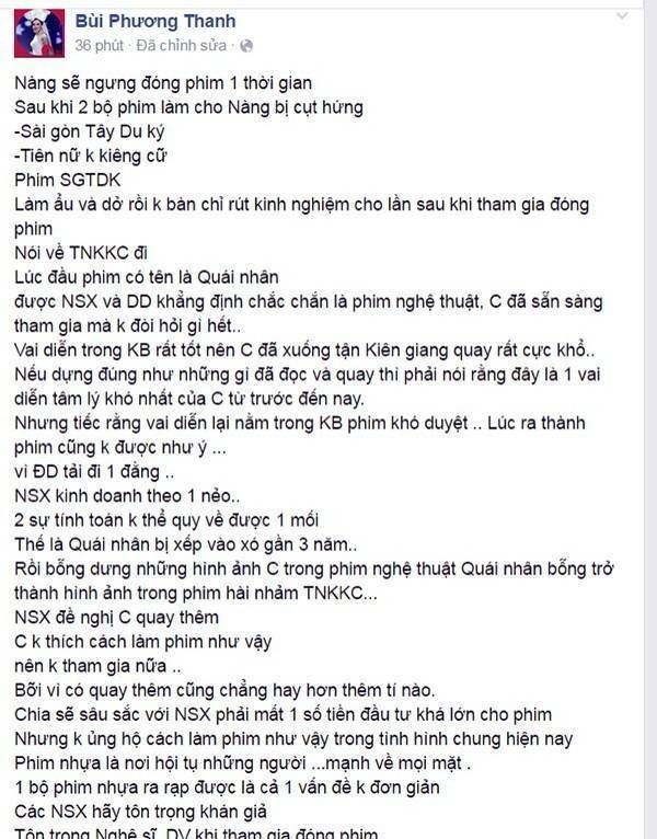 Phương Thanh tuyên bố ngưng đóng phim vì quá bất bình