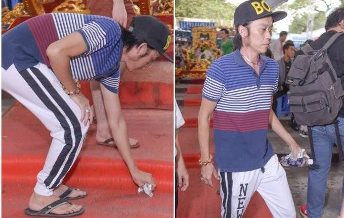 Nghệ sĩ Hoài Linh cặm cụi nhặt từng mẩu rác nhỏ trong ngày giỗ Tổ