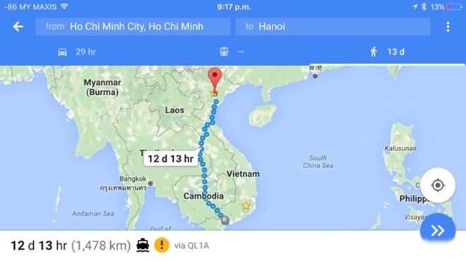 Google Maps chỉ đường đi bộ từ TP HCM tới Hà Nội xuyên qua… 4 nước