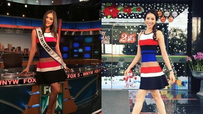 Hoa hậu Hoàn vũ 'đụng' váy Phạm Hương trên sóng truyền hình