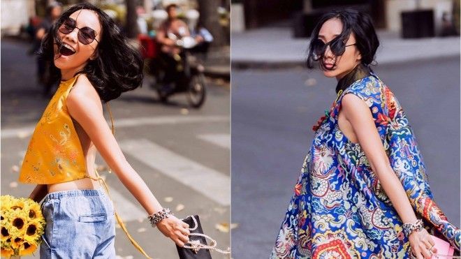 Đoan Trang diện áo gấm, quần jean sải bước trên phố mừng sinh nhật