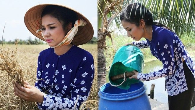 Việt Trinh mặc áo bà ba, đội nắng xách nước thăm ruộng ở miền Tây