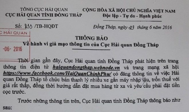 Cục Hải quan Đồng Tháp bị giả mạo thông tin trên Facebook