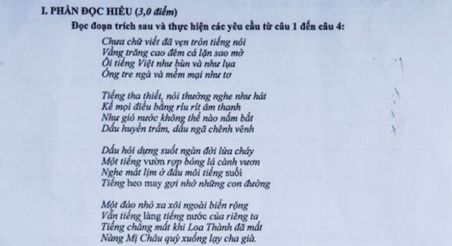 Tranh cãi về câu thơ trong đề thi Ngữ văn THPT Quốc gia năm 2016