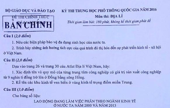 Đề thi và đáp án môn Địa lý thi THPT Quốc gia 2016