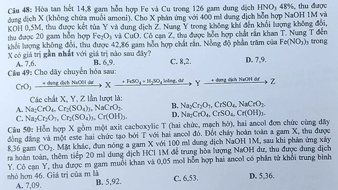 Bài giải, đề thi môn Hóa học THPT quốc gia 2016