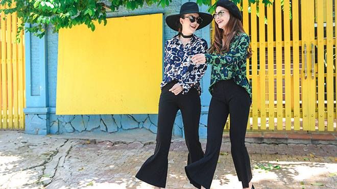 Yến Trang - Yến Nhi đón đầu xu hướng quần ôm gấu ống loe sành điệu trên phố