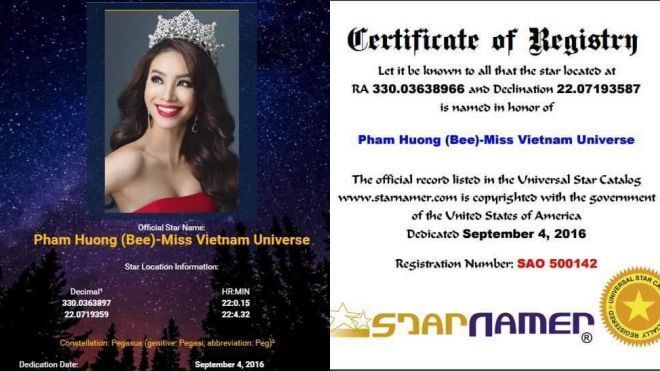Phạm Hương hãnh diện trở thành Hoa hậu đầu tiên được fan tặng sao trên trời