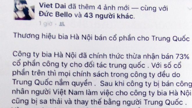 Tung tin 'bia Hà Nội bán cổ phần cho Trung Quốc', 9X bị phạt 12,5 triệu đồng
