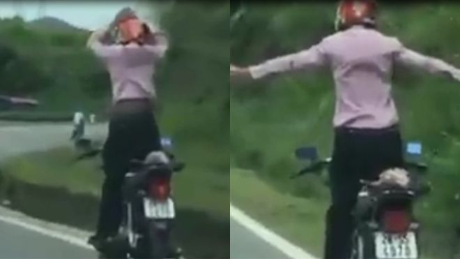 Hãi hùng 'soái ca' buông tay đứng trên xe máy đổ dốc, ôm cua