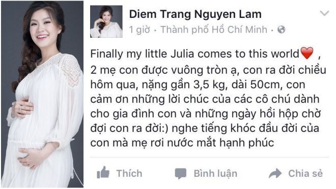 Á hậu Diễm Trang hạ sinh con gái đầu lòng nặng 3,5kg