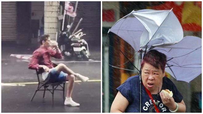 Clip: Thản nhiên đọc báo, uống trà trong siêu bão giữa đường phố
