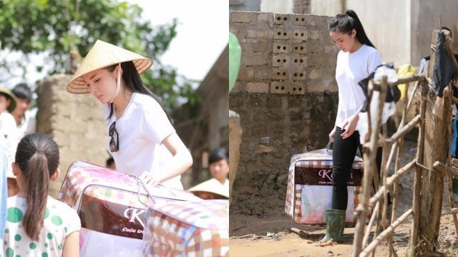 Hoa hậu Kỳ Duyên lội bùn, mang 3 xe tải hàng hoá tới thăm bà con miền Trung