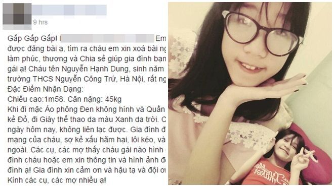 Gia đình kêu gọi cư dân mạng tìm nữ sinh lớp 8 ở Hà Nội mất tích sau khi đi ăn với bạn
