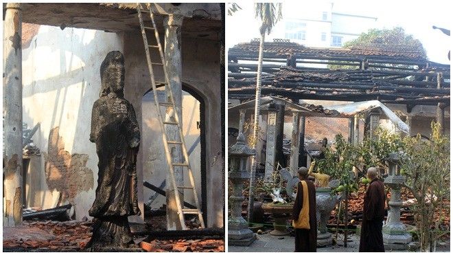 Khung cảnh tan hoang sau vụ cháy giữa đêm ở chùa Sải