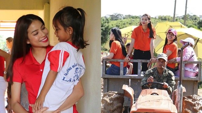 Phạm Hương cùng hai 'đàn em' rạng rỡ cưỡi máy cày đến với trẻ em vùng cao