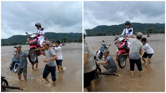 4 'soái ca' khiêng nữ sinh trên xe máy vượt lũ ở Phú Yên gây sốt