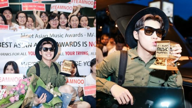 Vừa về tới sân bay, Noo Phước Thịnh hạnh phúc khoe cúp MAMA mừng chiến thắng cùng fan