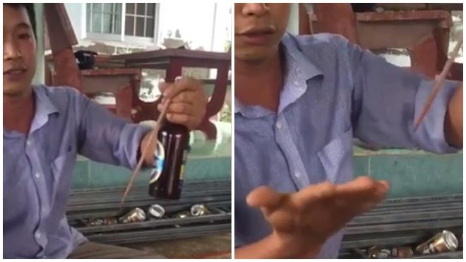 Trình diễn kỹ thuật khui bia bằng đũa và cái kết không thể đau đớn hơn
