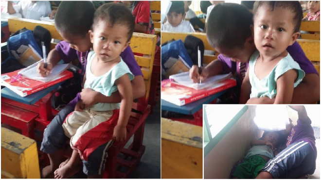 Cương quyết không bỏ học, cậu bé nghèo mang cả em trai đến trường chăm sóc